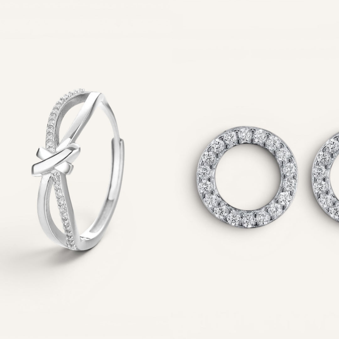 Anillo Entrelazado · Aretes Aro Pavé